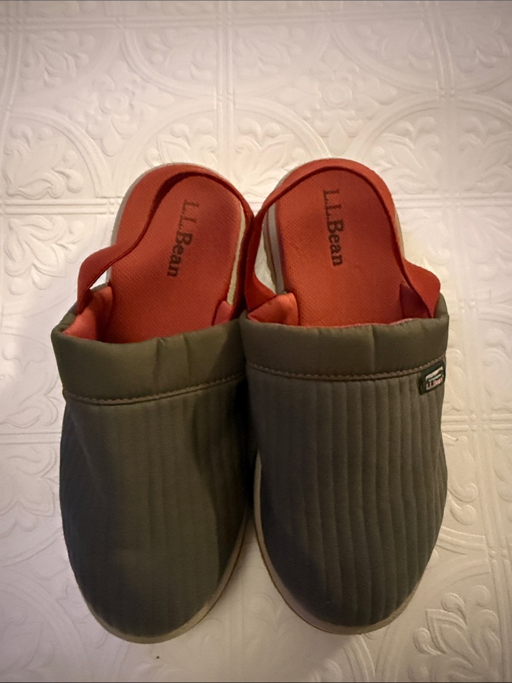 L.L. Bean Olive Quilted Slip-On Slides with Orange Footbed